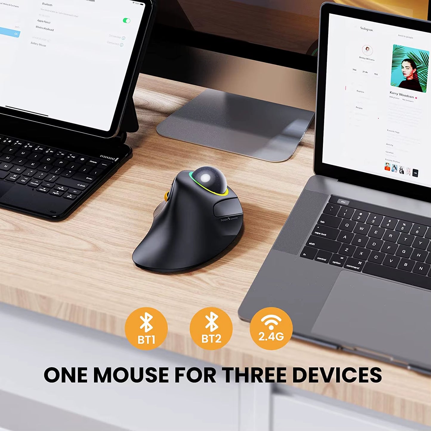 Rechargeable Wireless Bluetooth Trackball Mouse - Ergonomic RGB Backlit for Windows, Mac, and iPad