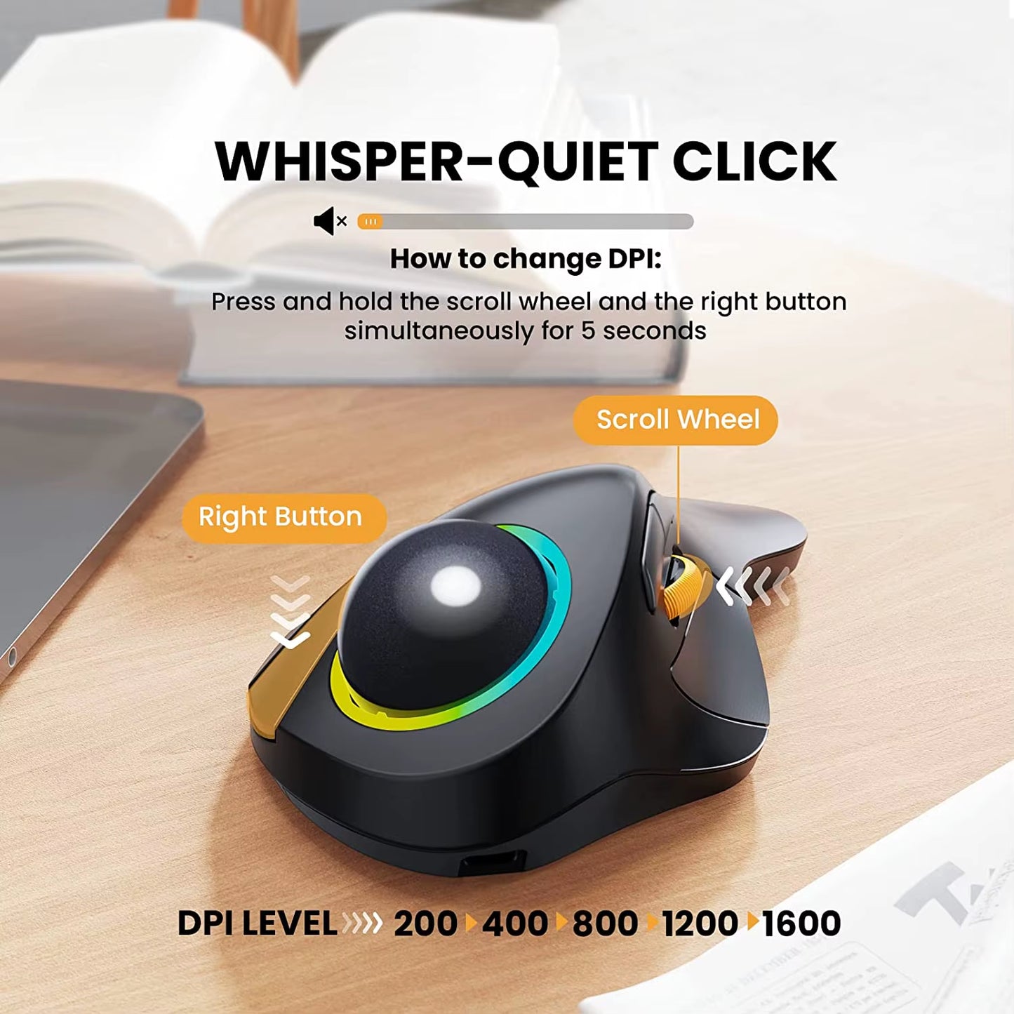 Rechargeable Wireless Bluetooth Trackball Mouse - Ergonomic RGB Backlit for Windows, Mac, and iPad