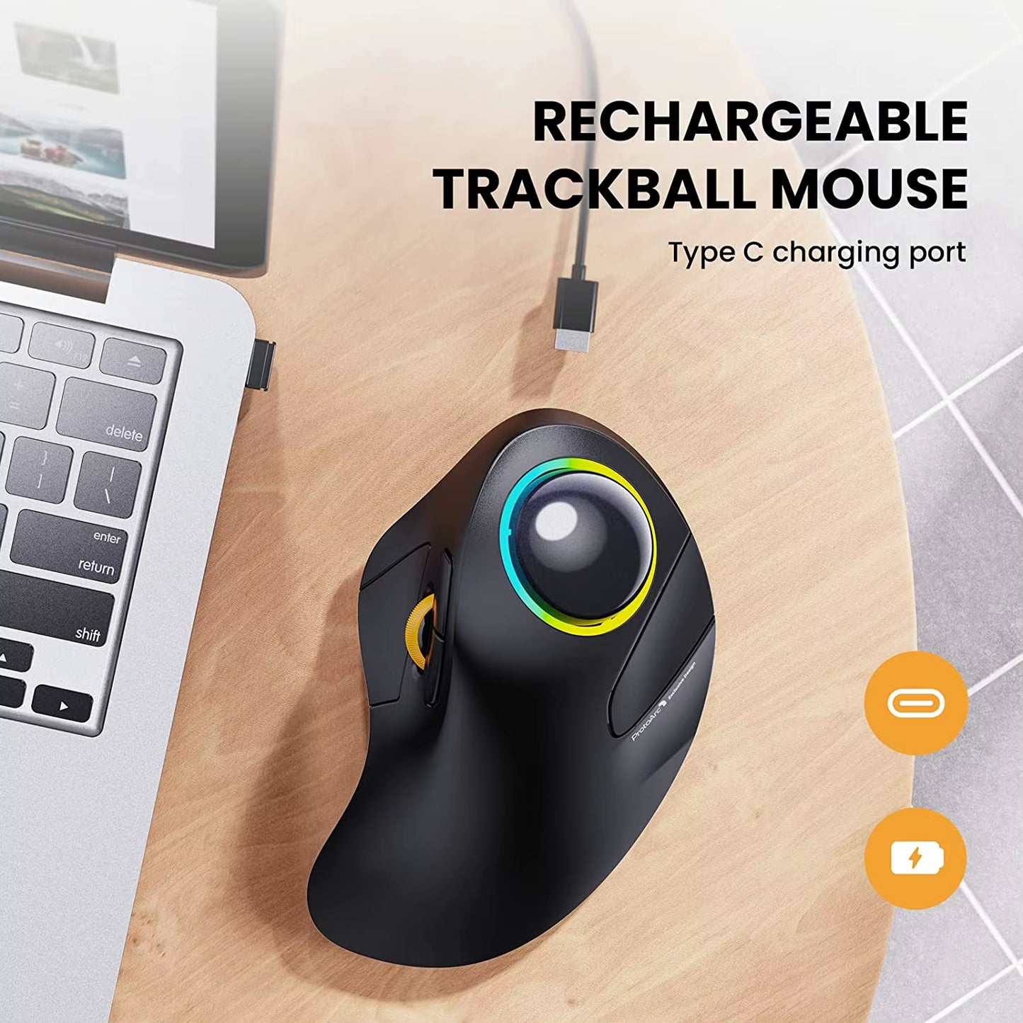 Rechargeable Wireless Bluetooth Trackball Mouse - Ergonomic RGB Backlit for Windows, Mac, and iPad