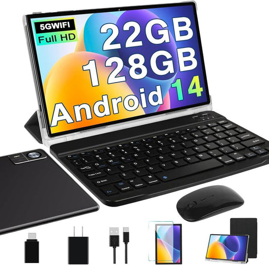 Powerful Android 14 Tablet - 22GB RAM, 128GB Storage, Expandable to 1TB, Octa-Core, 8000mAh Battery, 1280x800 Display, GPS, Widevine L1, Includes Wireless Keyboard & Mouse - Black/Blue