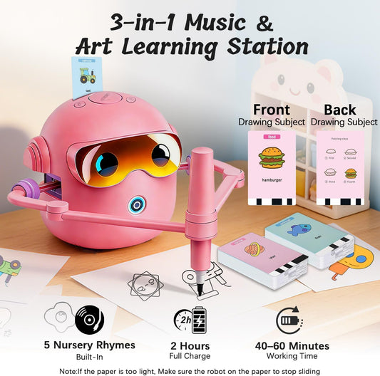Inspire Creativity and Learning with the Pink Drawing Robot for Kids - 100 Cards, 12 Colorful Pens & 4 Paintbrushes for Ages 3-12!