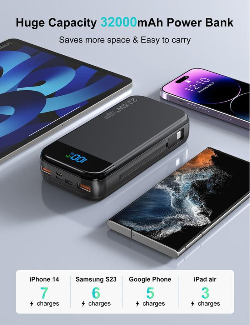 Ultimate 32000mAh Power Bank - 22.5W Fast Charging Portable Charger with USB C PD 3.0 & QC 4.0, LED Display, Compatible with iPhone 16/15/14/13/12 Pro, Samsung S21, Google, LG, iPad