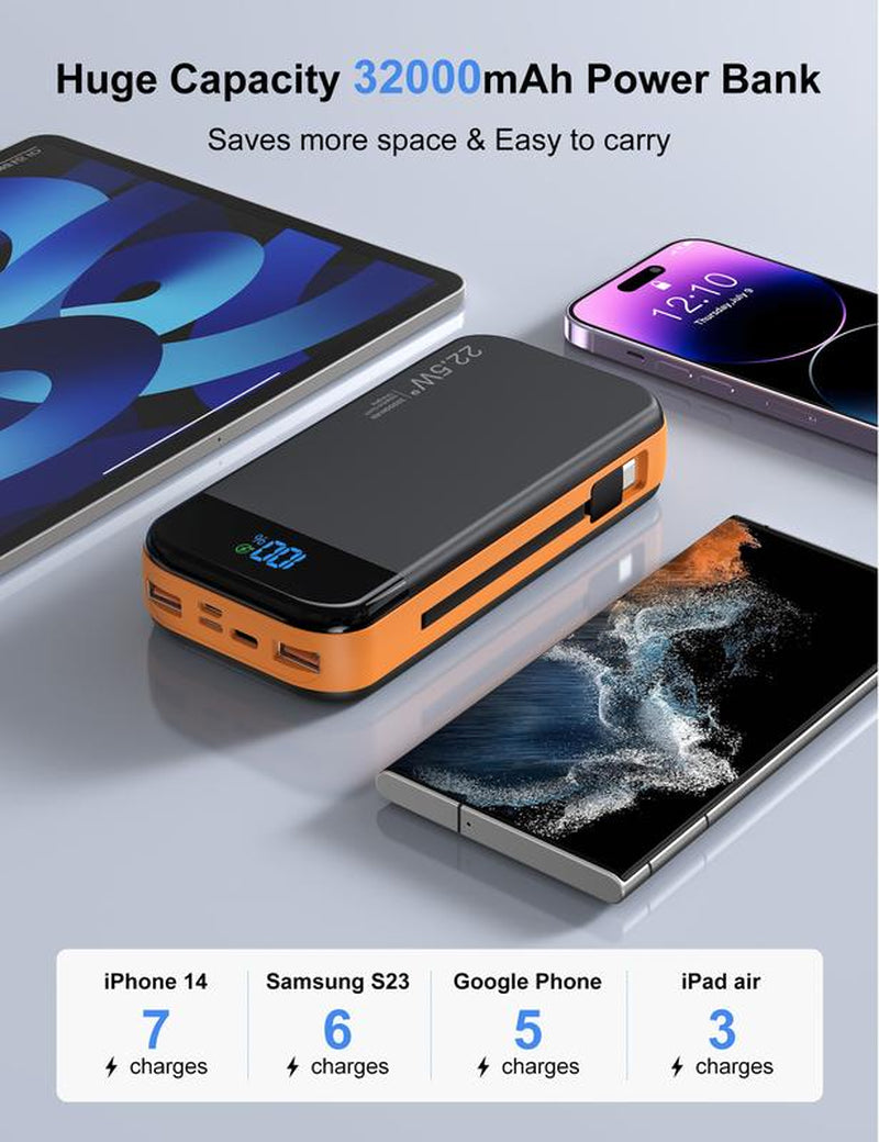 Ultimate 32000mAh Power Bank - 22.5W Fast Charging Portable Charger with USB C PD 3.0 & QC 4.0, LED Display, Compatible with iPhone 16/15/14/13/12 Pro, Samsung S21, Google, LG, iPad
