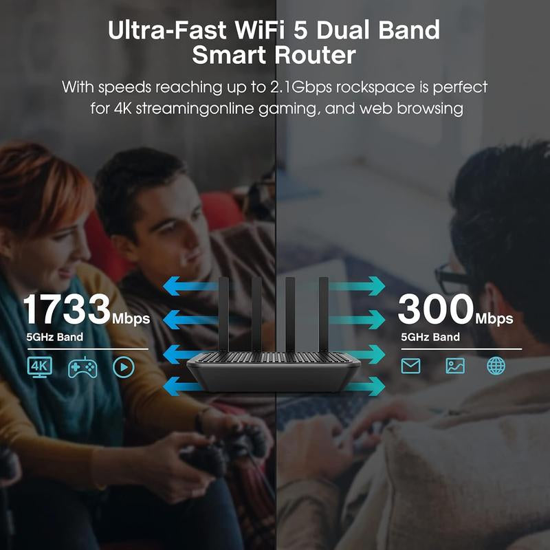 Rockspace AC2100 Dual-Band WiFi Router - Lightning Fast 2033Mbps, MU-MIMO Technology, 4 Gigabit Ports, Parental Control & Lifetime Security for Gaming and Streaming