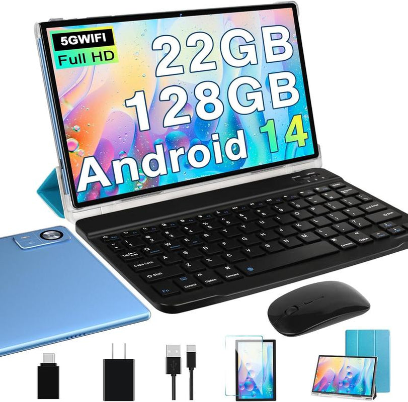 Powerful Android 14 Tablet - 22GB RAM, 128GB Storage, Expandable to 1TB, Octa-Core, 8000mAh Battery, 1280x800 Display, GPS, Widevine L1, Includes Wireless Keyboard & Mouse - Black/Blue