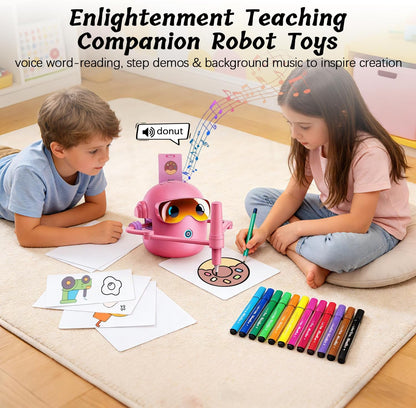 Inspire Creativity and Learning with the Pink Drawing Robot for Kids - 100 Cards, 12 Colorful Pens & 4 Paintbrushes for Ages 3-12!