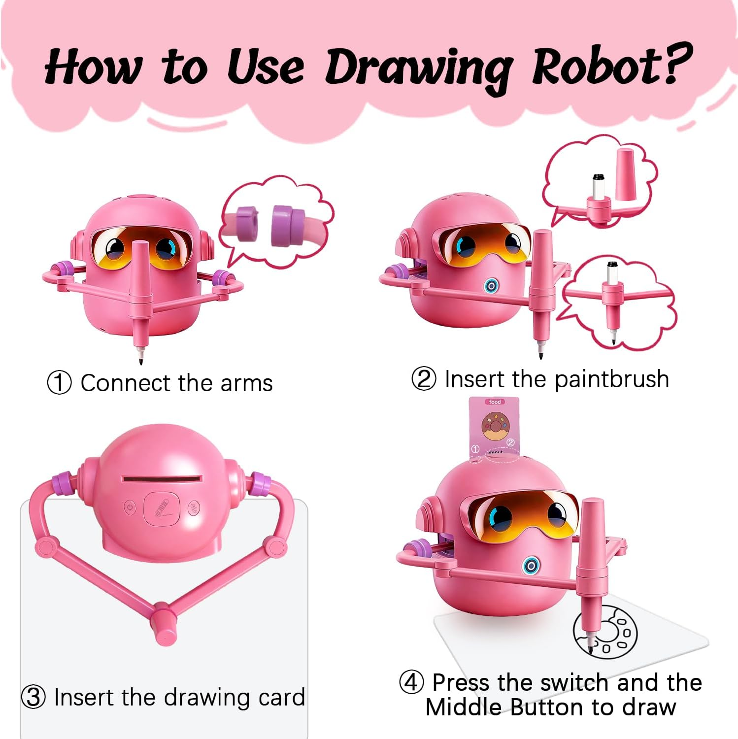Inspire Creativity and Learning with the Pink Drawing Robot for Kids - 100 Cards, 12 Colorful Pens & 4 Paintbrushes for Ages 3-12!