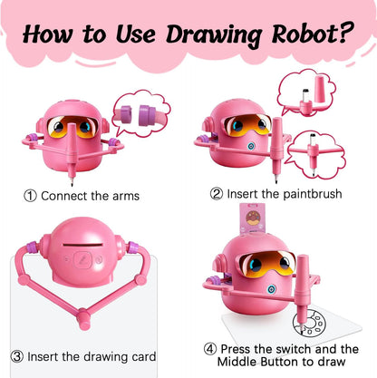 Inspire Creativity and Learning with the Pink Drawing Robot for Kids - 100 Cards, 12 Colorful Pens & 4 Paintbrushes for Ages 3-12!
