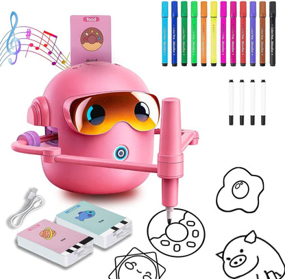 Inspire Creativity and Learning with the Pink Drawing Robot for Kids - 100 Cards, 12 Colorful Pens & 4 Paintbrushes for Ages 3-12!
