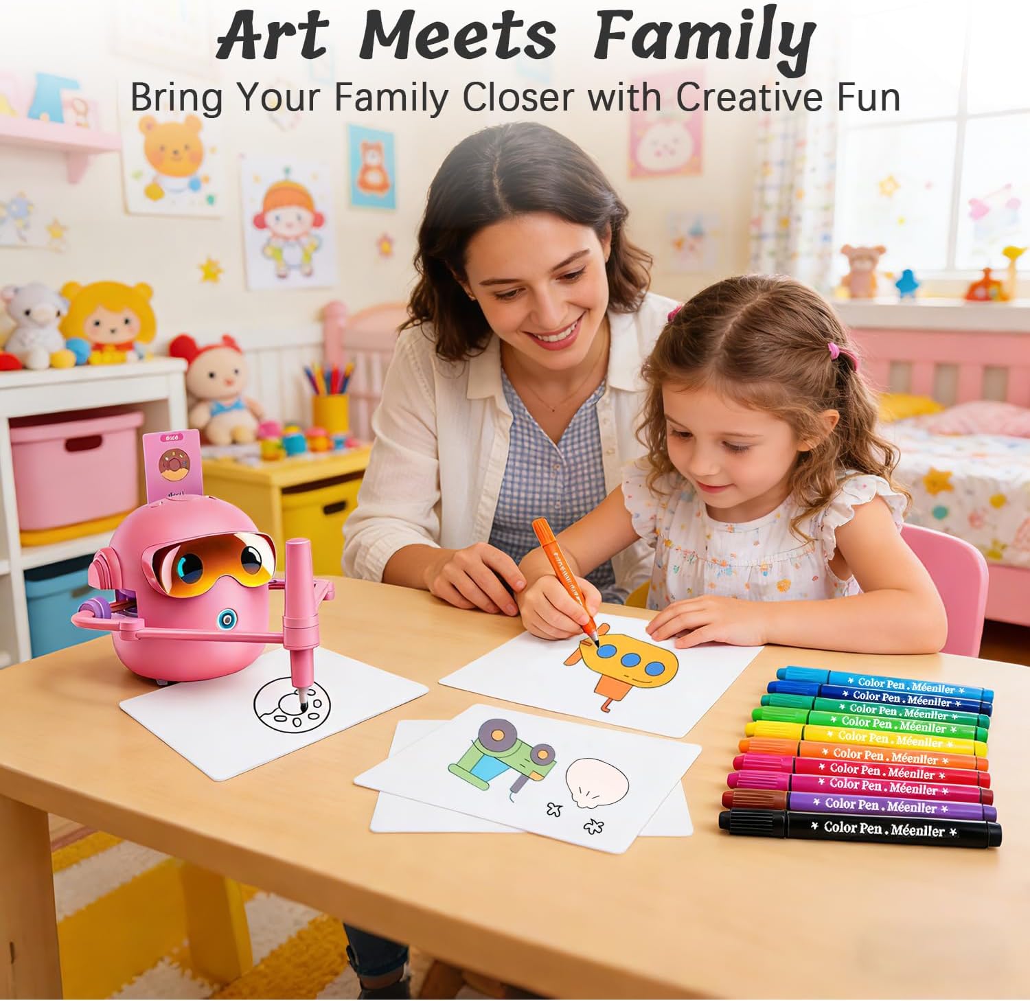 Inspire Creativity and Learning with the Pink Drawing Robot for Kids - 100 Cards, 12 Colorful Pens & 4 Paintbrushes for Ages 3-12!