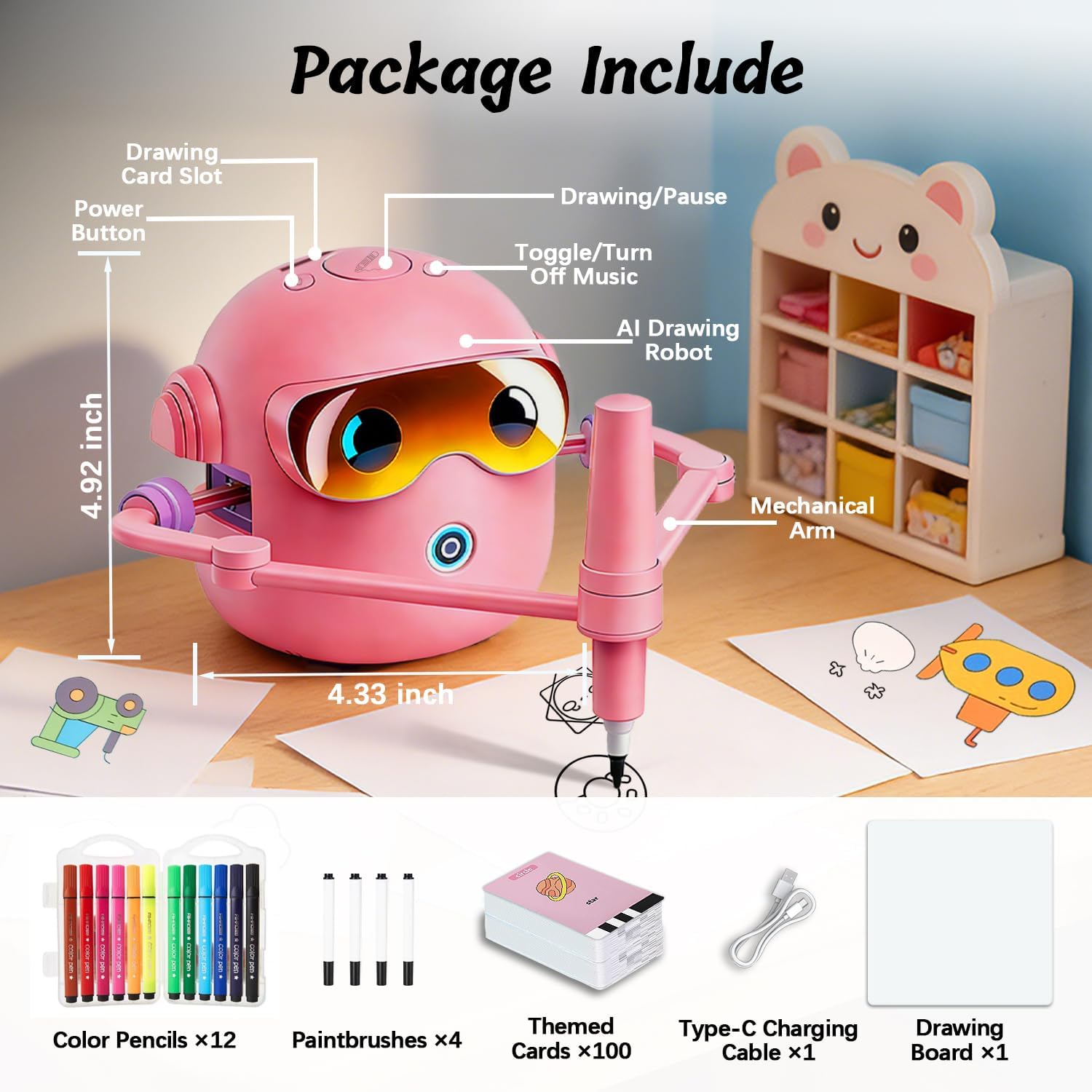 Inspire Creativity and Learning with the Pink Drawing Robot for Kids - 100 Cards, 12 Colorful Pens & 4 Paintbrushes for Ages 3-12!