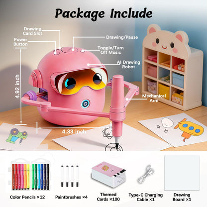 Inspire Creativity and Learning with the Pink Drawing Robot for Kids - 100 Cards, 12 Colorful Pens & 4 Paintbrushes for Ages 3-12!