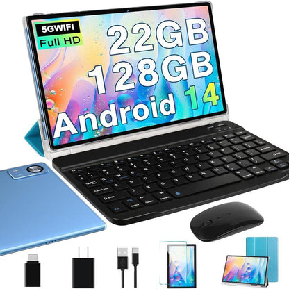 Powerful Android 14 Tablet - 22GB RAM, 128GB Storage, Expandable to 1TB, Octa-Core, 8000mAh Battery, 1280x800 Display, GPS, Widevine L1, Includes Wireless Keyboard & Mouse - Black/Blue