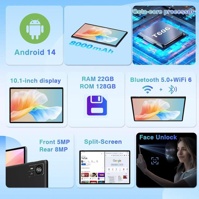 Powerful Android 14 Tablet - 22GB RAM, 128GB Storage, Expandable to 1TB, Octa-Core, 8000mAh Battery, 1280x800 Display, GPS, Widevine L1, Includes Wireless Keyboard & Mouse - Black/Blue