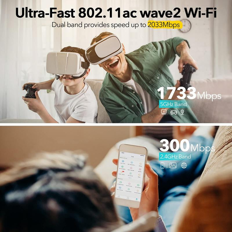 Rockspace AC2100 Dual-Band WiFi Router - Lightning Fast 2033Mbps, MU-MIMO Technology, 4 Gigabit Ports, Parental Control & Lifetime Security for Gaming and Streaming