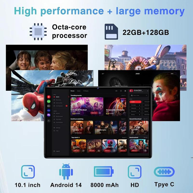 Powerful Android 14 Tablet - 22GB RAM, 128GB Storage, Expandable to 1TB, Octa-Core, 8000mAh Battery, 1280x800 Display, GPS, Widevine L1, Includes Wireless Keyboard & Mouse - Black/Blue