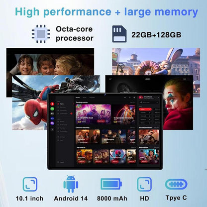 Powerful Android 14 Tablet - 22GB RAM, 128GB Storage, Expandable to 1TB, Octa-Core, 8000mAh Battery, 1280x800 Display, GPS, Widevine L1, Includes Wireless Keyboard & Mouse - Black/Blue