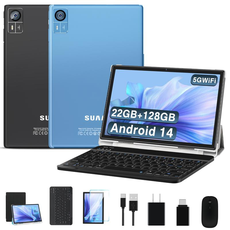 Powerful Android 14 Tablet - 22GB RAM, 128GB Storage, Expandable to 1TB, Octa-Core, 8000mAh Battery, 1280x800 Display, GPS, Widevine L1, Includes Wireless Keyboard & Mouse - Black/Blue